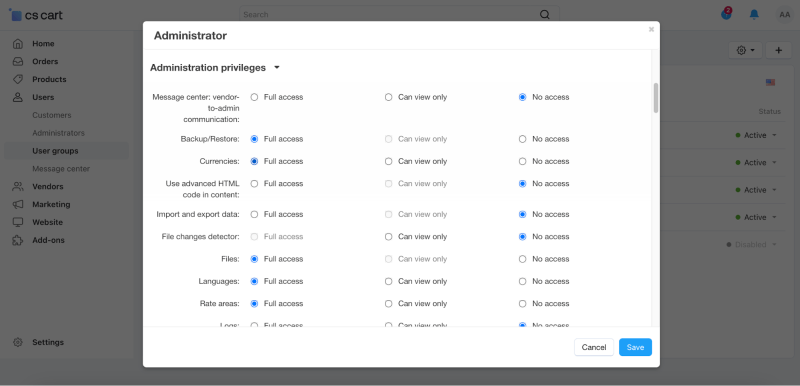 Tweaking admin privileges in CS-Cart